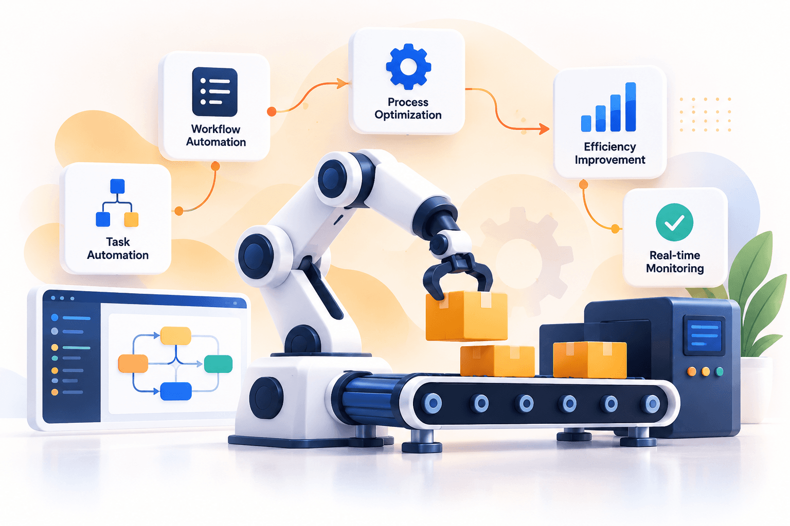 Robot arm on a conveyor belt with workflow automation cards