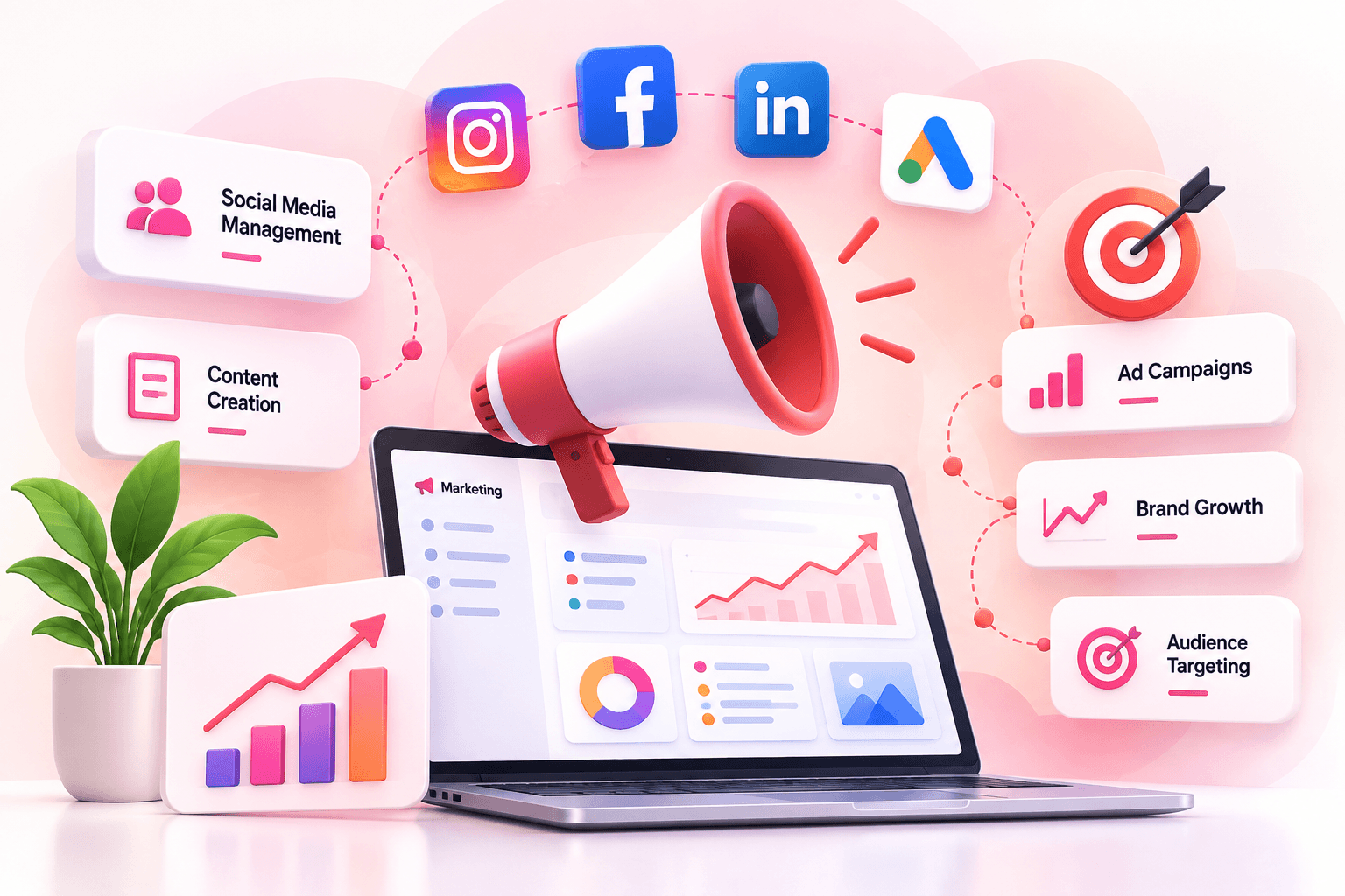 Megaphone and laptop with social media, ads and brand growth cards