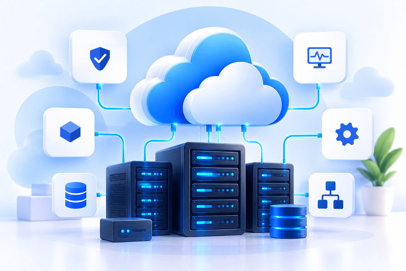 Cloud above server racks connected to security, monitoring, deployment, configuration, database and network icons