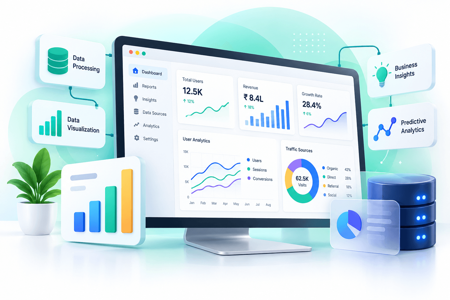 Analytics dashboard with charts, database and insight cards