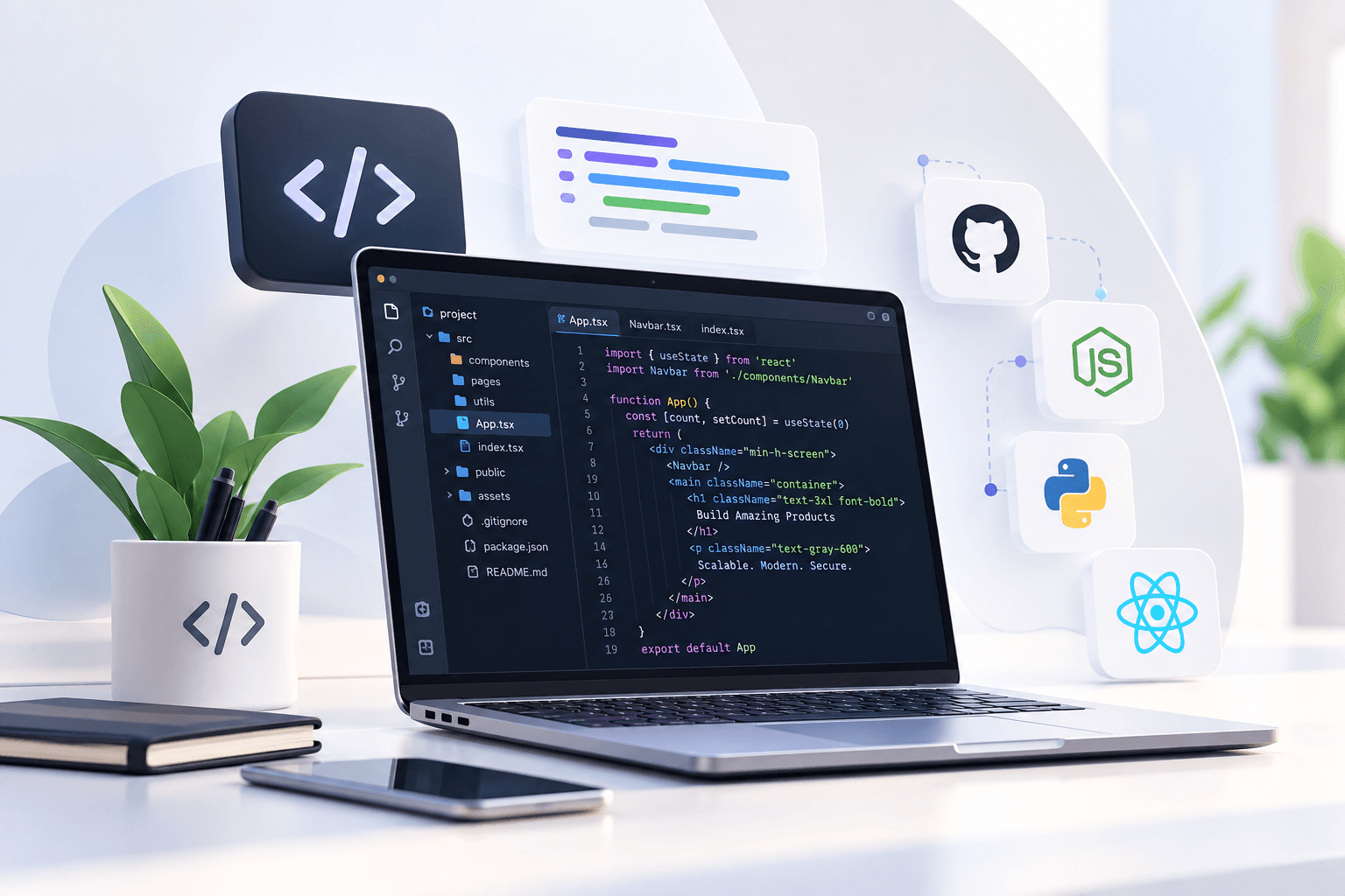 Laptop with code editor beside GitHub, Node.js, Python and React icons